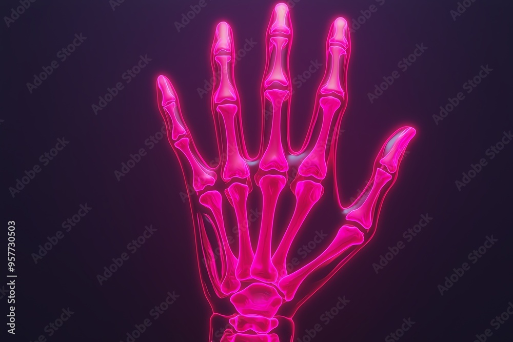 Neonlit bones in hand anatomy model, 3D illustration Neonlit bones in hand anatomy model, 3D illustration