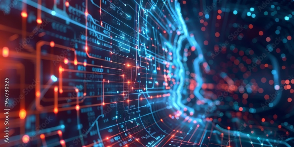 Abstract futuristic background with machine learning and AI technology concept with digital data flow Abstract futuristic background with machine learning and AI technology concept with digital data flow