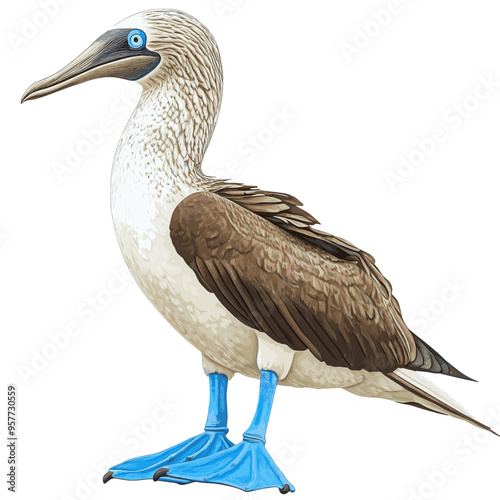Detailed vector illustration of a blue footed booby bird standing proudly, highlighting its iconic blue feet and distinctive features in a realistic design