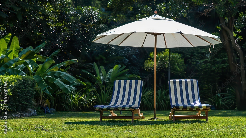 Obraz premium Two striped lounge chairs under a white umbrella on a green grassy lawn.