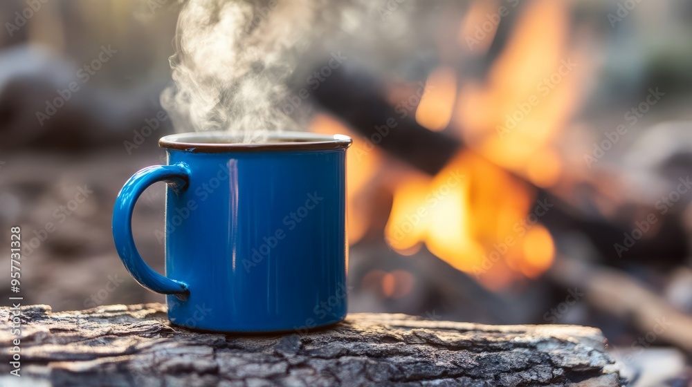 Blue enamel cup of hot steaming coffee sitting on an old log by an outdoor campfire. Extreme shallow depth of field with selective focus on mug. Blue enamel cup of hot steaming coffee sitting on an old log by an outdoor campfire. Extreme shallow depth of field with selective focus on mug.
