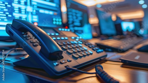 Phone: A landline or VoIP phone used for making and receiving calls. It features a speakerphone, dial buttons, and voicemail access for comprehensive communication.
