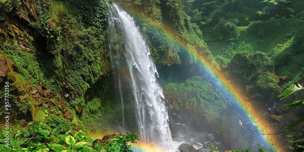 A rainbow stretching over a waterfall in a lush green canyon, illustrating the magic and natural phenomena A rainbow stretching over a waterfall in a lush green canyon, illustrating the magic and natural phenomena
