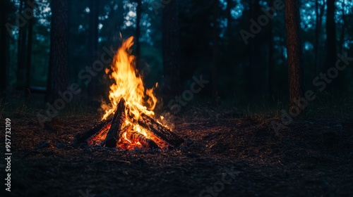 Burning campfire on a dark night in a forest -