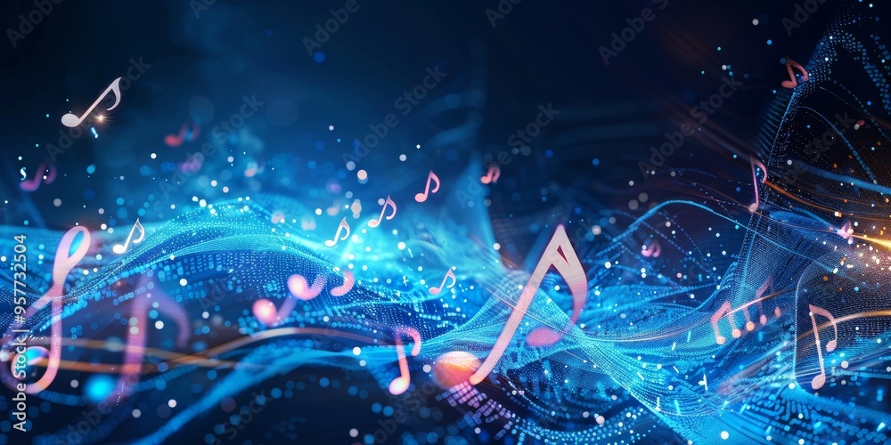 Digital sound waves and musical notes symbolizing audio technology Digital sound waves and musical notes symbolizing audio technology