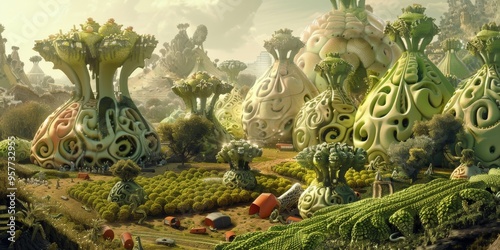 A futuristic portrayal of agriculture with mutated crops displaying unique features, representing advancements in genetic engineering