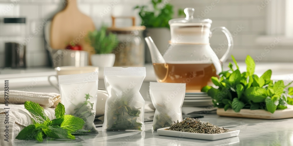 A selection of herbal tea bags, a teapot, and fresh mint leaves on a kitchen counter, symbolizing relaxation and wellness A selection of herbal tea bags, a teapot, and fresh mint leaves on a kitchen counter, symbolizing relaxation and wellness