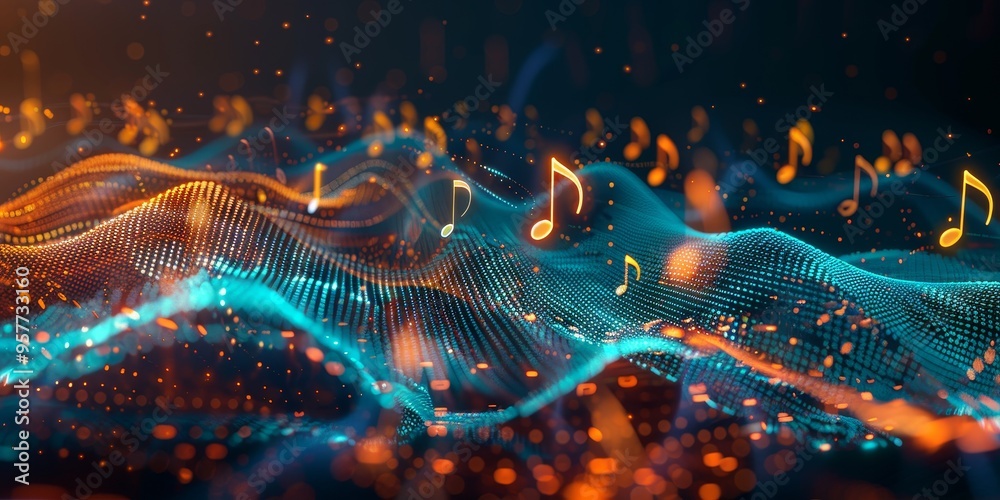 Digital sound waves and musical notes symbolizing audio technology Digital sound waves and musical notes symbolizing audio technology