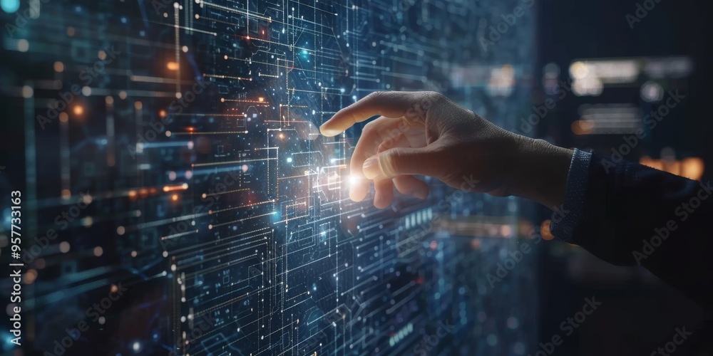 Digital transformation concept with human hand touching a digital screen, symbolizing innovation and technology advancement Digital transformation concept with human hand touching a digital screen, symbolizing innovation and technology advancement
