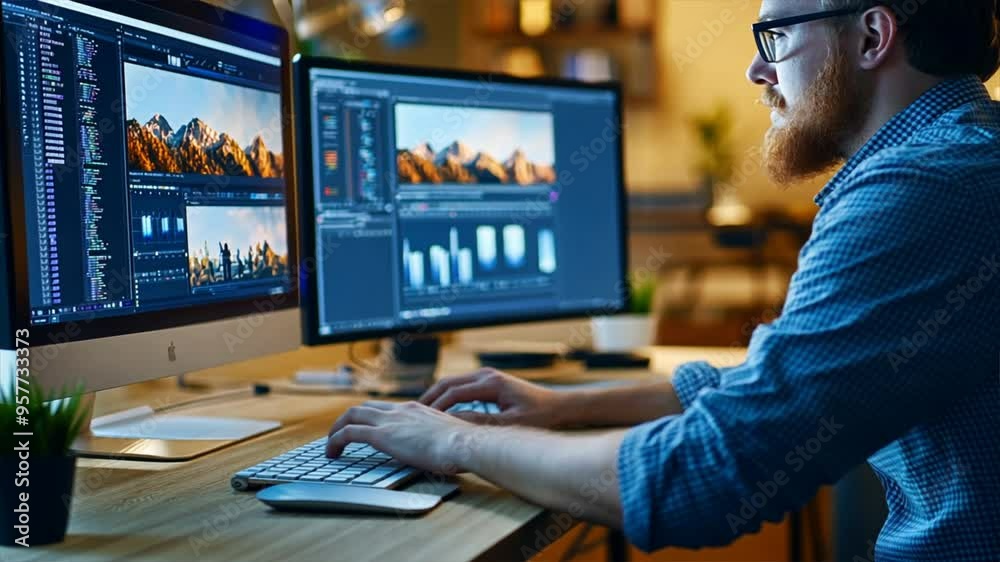 A man is sitting at a desk with two computer monitors in front of him. He is typing on a keyboard and he is working on a project. Concept of productivity and focus A man is sitting at a desk with two computer monitors in front of him. He is typing on a keyboard and he is working on a project. Concept of productivity and focus