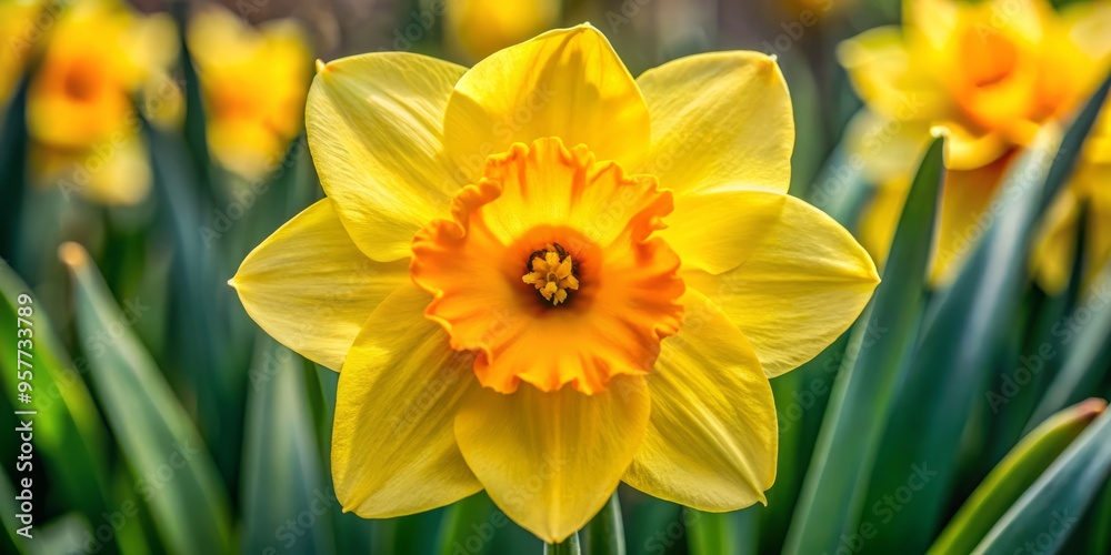 Obraz premium Vibrant yellow petals unfurl to reveal a ruffled, delicate crown at the center of this daffodil blossom, radiant