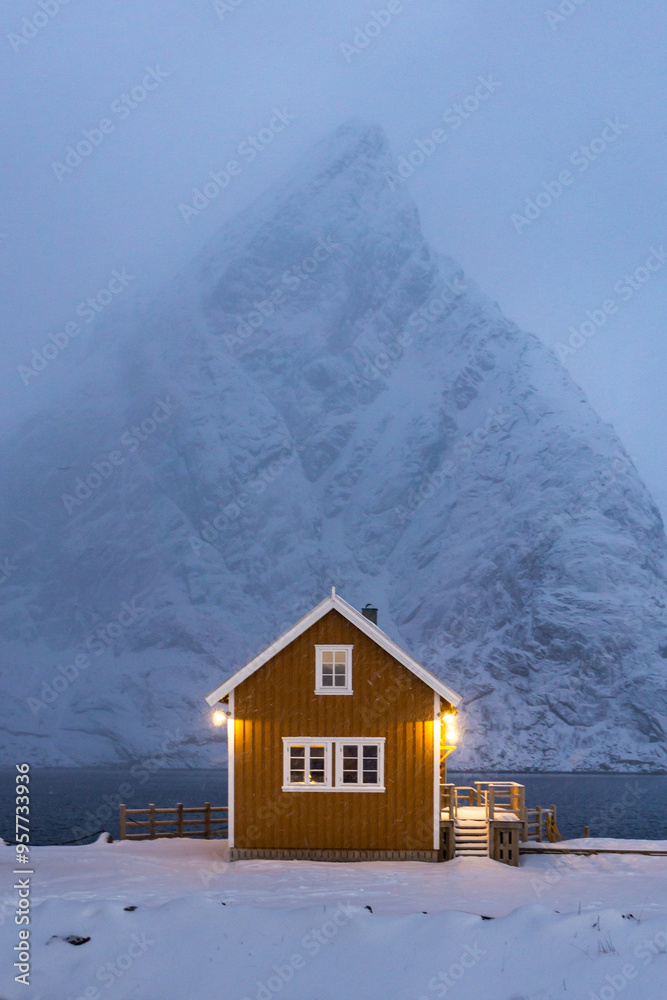 Lofoten Hut and Mountain at Night Lofoten Hut and Mountain at Night
