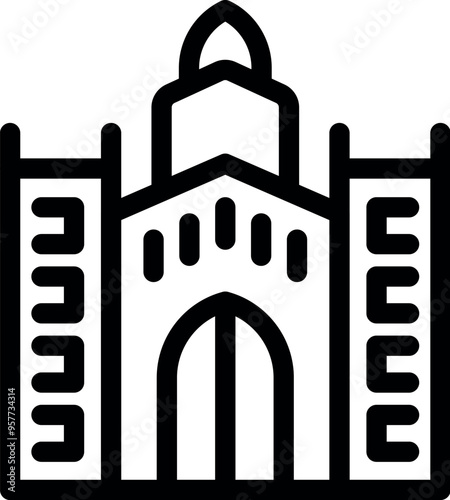 Simple black and white icon of a medieval castle building facade showing fortified gate and tower