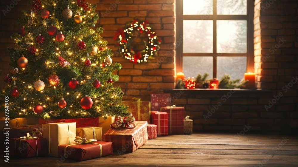 Obraz premium Festive Christmas Tree Background with Ornaments and Lights for Holiday Celebration Atmosphere