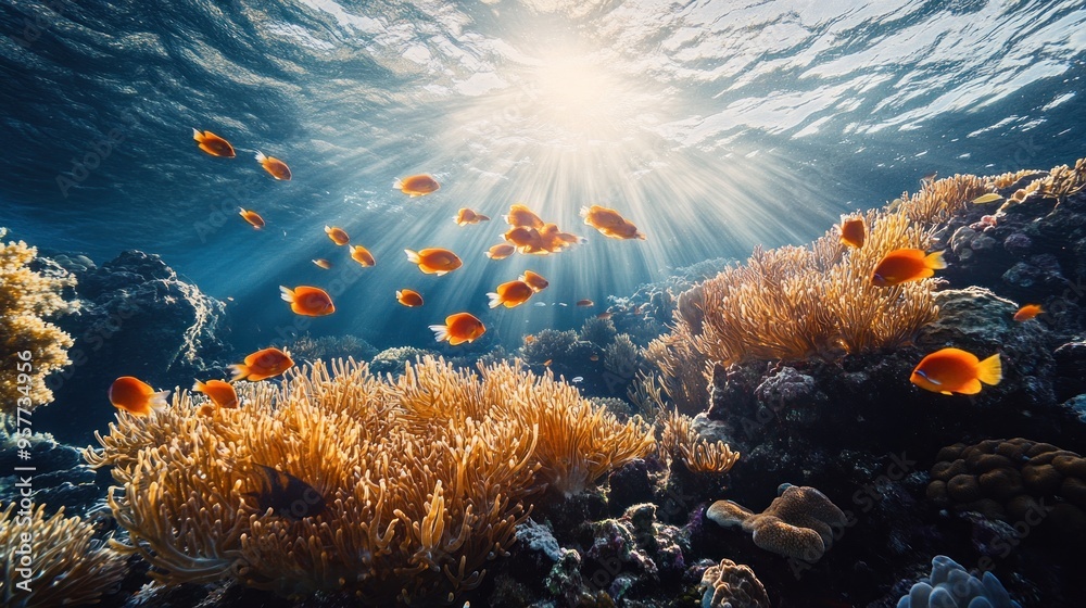 Obraz premium Underwater Paradise: Sunbeams illuminate a vibrant coral reef teeming with life