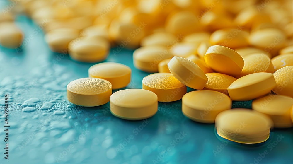 Close-up of Yellow Pills on a Blue Surface with Water Drops Close-up of Yellow Pills on a Blue Surface with Water Drops