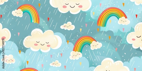 Seamless pattern of whimsical clouds and rainbows, perfect for children's book illustrations and nursery decor