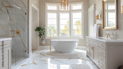 Opulent Elegance. Luxurious bathroom with marble floors and gold fixtures concept