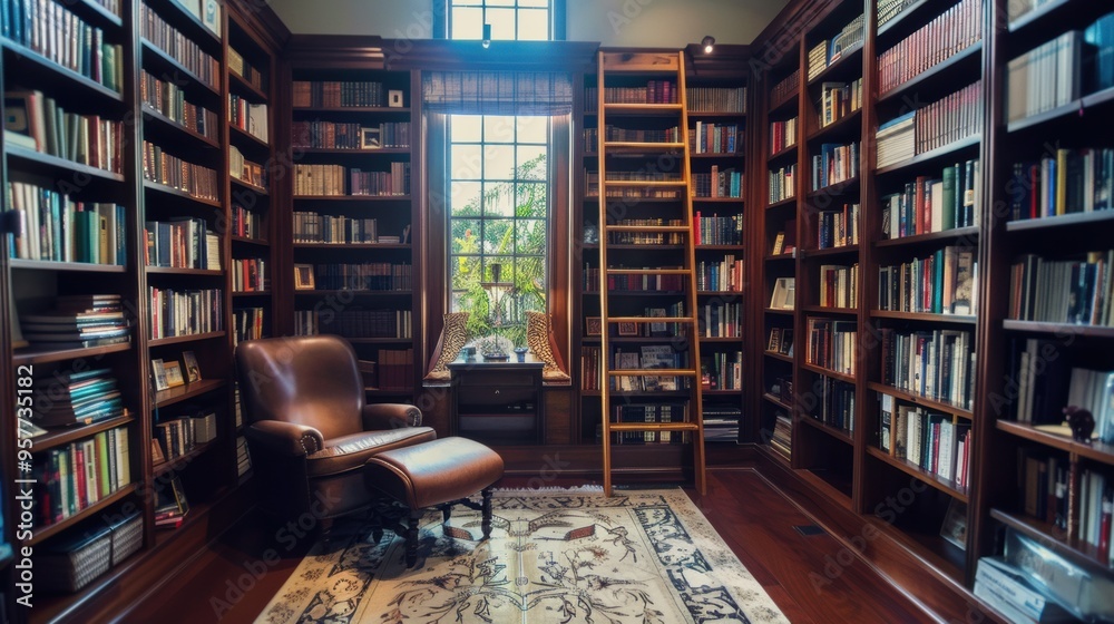 Tranquil Haven. Sophisticated home library with floor to ceiling bookshelves, a ladder, and a comfortable... Tranquil Haven. Sophisticated home library with floor to ceiling bookshelves, a ladder, and a comfortable...