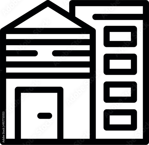 Simple vector showing a warehouse and a multistory office building, evoking urban development and industrial areas
