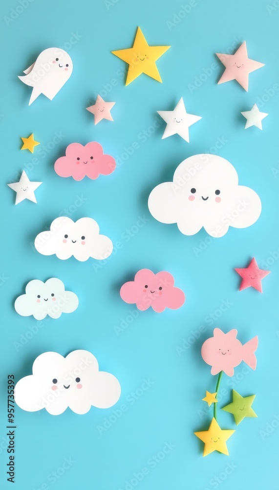 Colorful cartoon clouds, stars and a ghost on a blue background. Colorful cartoon clouds, stars and a ghost on a blue background.