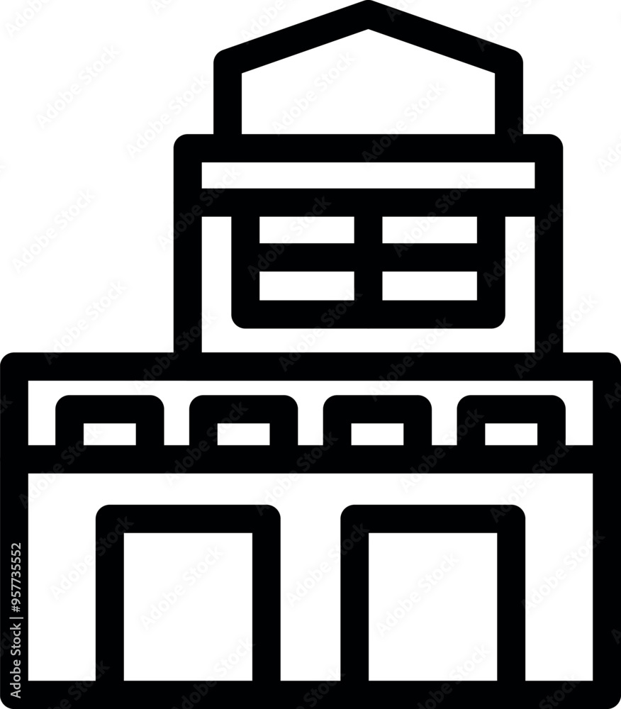 Simple line icon representing a modern two story building with large windows and garage doors Simple line icon representing a modern two story building with large windows and garage doors