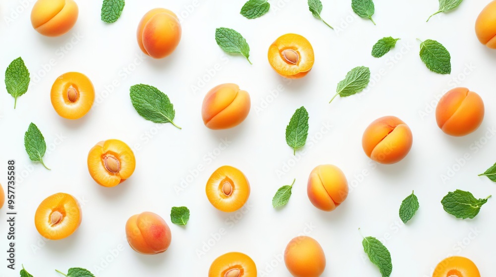 A flat lay of apricots and mint leaves arranged artistically on a white background. A flat lay of apricots and mint leaves arranged artistically on a white background.