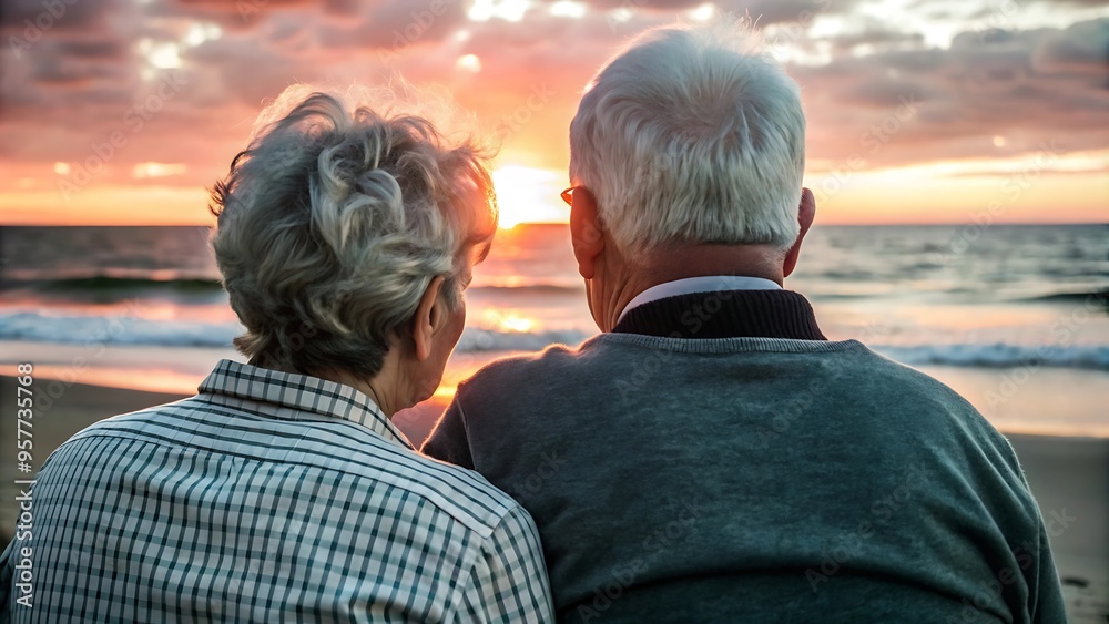 Fototapeta premium Senior Couple Watching Sunset on the Beach.