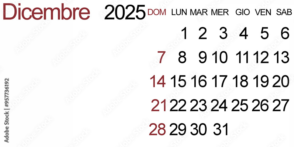 Obraz premium Horizontal calendar in Italian for December 2025. The week starts on Sunday. End of the year. Image with copy space