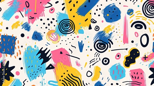 Abstract Pattern with Yellow, Blue, Pink, and Black Shapes