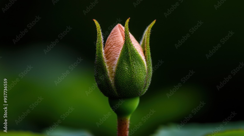 Close Up of a Single Rose Bud Blooming Against a Dark Green Background Close Up of a Single Rose Bud Blooming Against a Dark Green Background