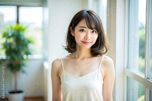 Portrait of a young woman smiling in a white tank top. Free Download Portrait of a young woman smiling in a white tank top. - GFXLoad