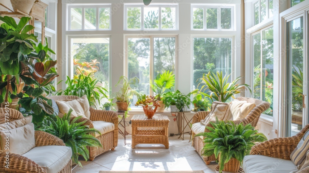 Serene Oasis. Relaxing sunroom with natural elements Serene Oasis. Relaxing sunroom with natural elements