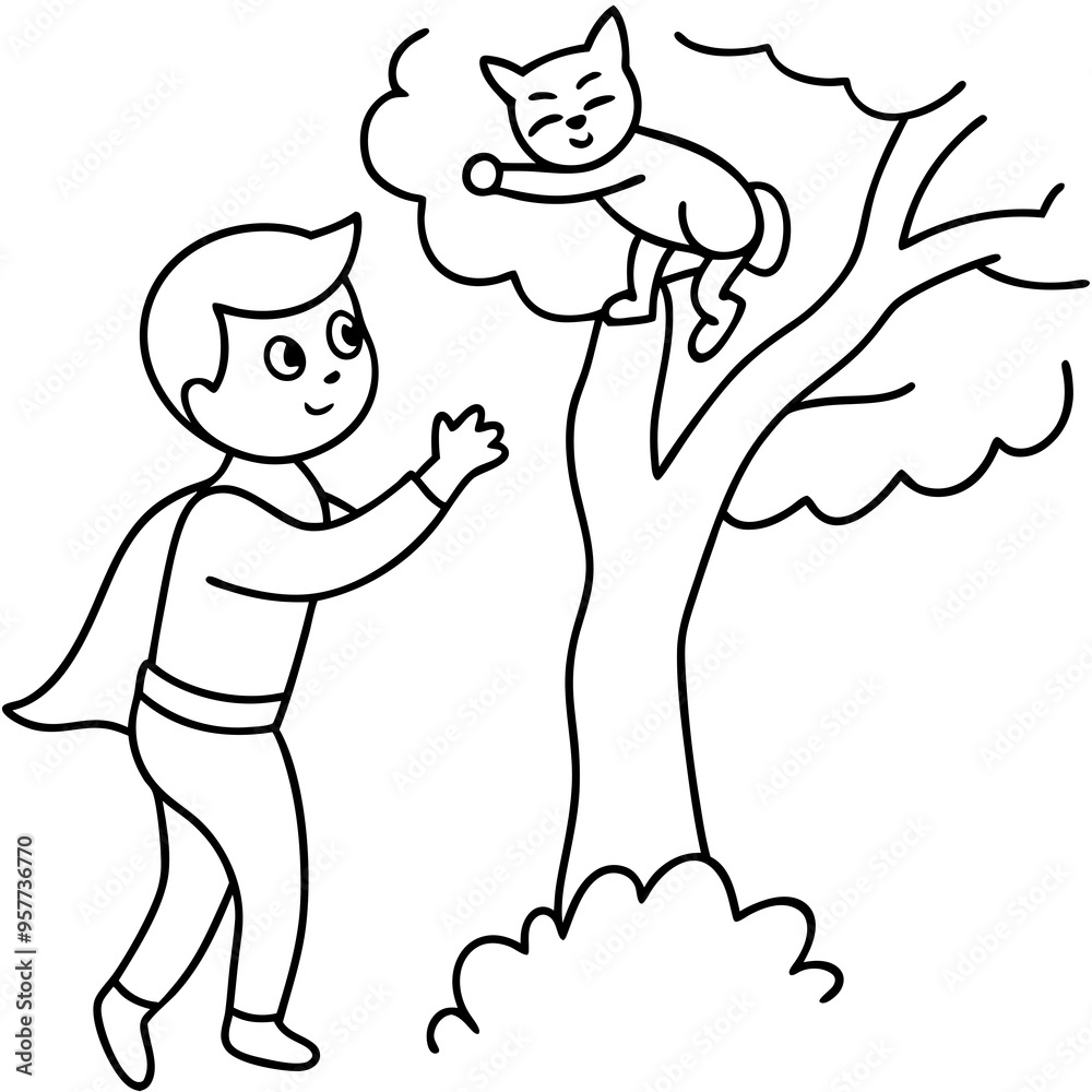 Fototapeta premium Superhero kid rescuing a cat from a tree