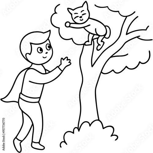 Superhero kid rescuing a cat from a tree