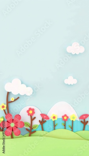 Paper craft of a whimsical flower garden with a blue sky, white clouds, and green grass.