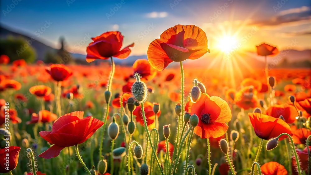 Fototapeta premium Poppy Field at Sunset.