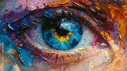 Close-up Oil Painting of a Blue Eye with Thick Eyelashes