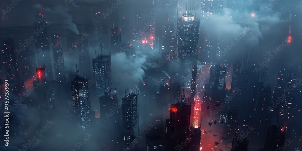 Night cityscape with foggy atmosphere and glowing lights, creating a mysterious and enchanting urban scene Night cityscape with foggy atmosphere and glowing lights, creating a mysterious and enchanting urban scene