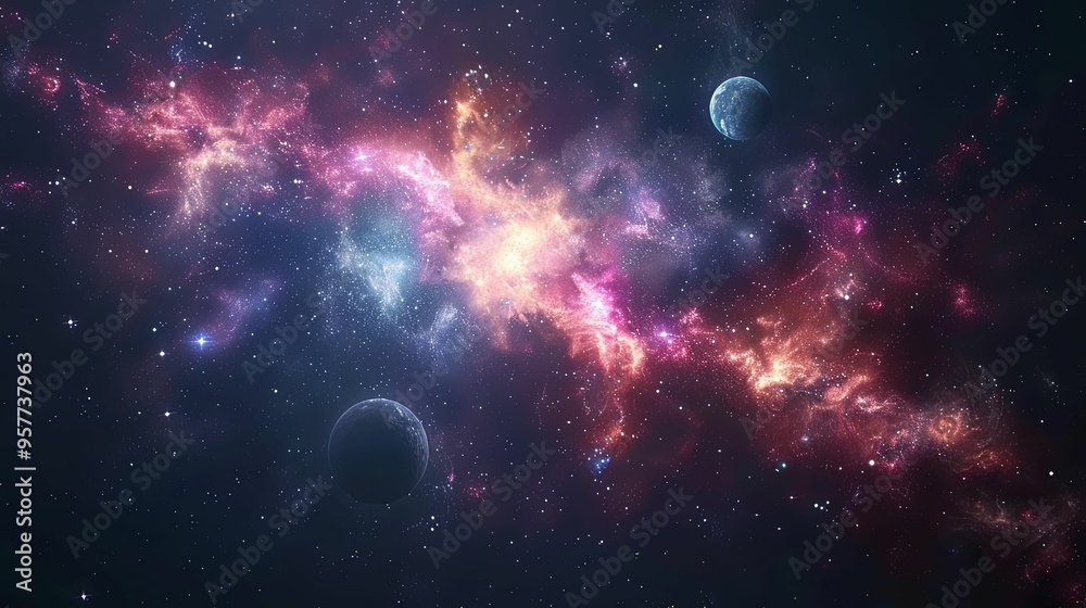 A cosmic landscape with vibrant nebulae and distant planets. A cosmic landscape with vibrant nebulae and distant planets.