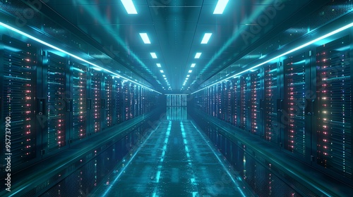 A Blue-Lit Server Room Corridor with Rows of Racks photo