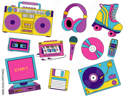 Back in to 90's themed collection. featuring music, tech, fashion, and lifestyle items. Perfect for nostalgic designs or retro inspired projects. Vector Illustration photo