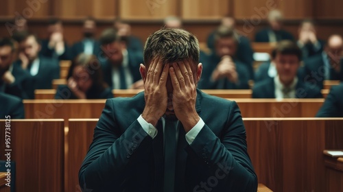 Businessman in Suit Covering Face with Hands in Courtroom
