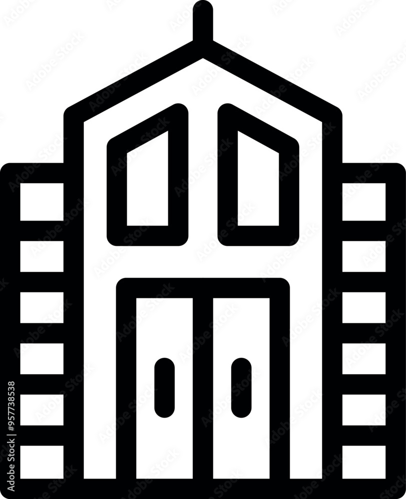 Minimalist vector illustration of a small church building facade with large wooden doors and windows Minimalist vector illustration of a small church building facade with large wooden doors and windows