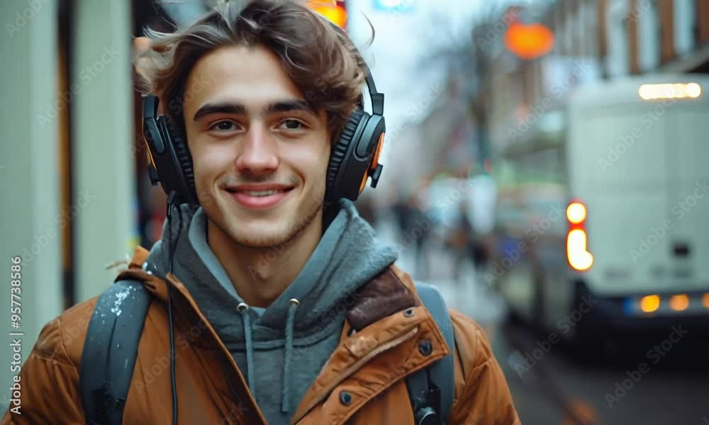 Young Man with Headphones in City Young Man with Headphones in City