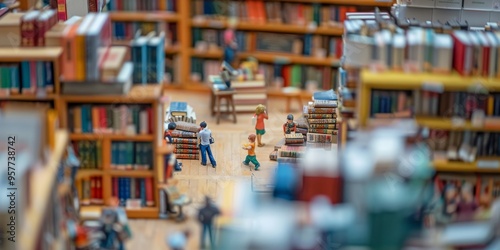 Tiny bookstore scene with miniature bookshelves, tiny books, and people browsing for their next read