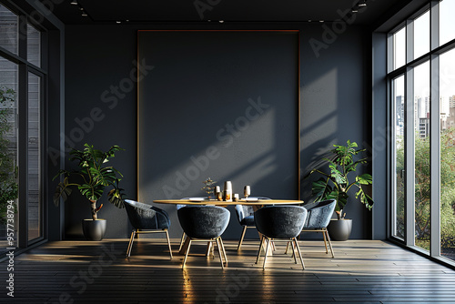 A 3D rendering of a modern apartment showcases a dining room with a table and chairs, as well as an empty living room with a dark wall, providing a panoramic view of interior design  photo