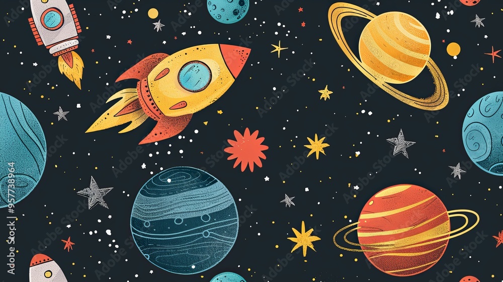 A whimsical illustration of spaceships, planets, and stars in space A whimsical illustration of spaceships, planets, and stars in space