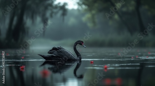 Fototapeta Naklejka Na Ścianę i Meble -  Black Swan in a Misty Forest