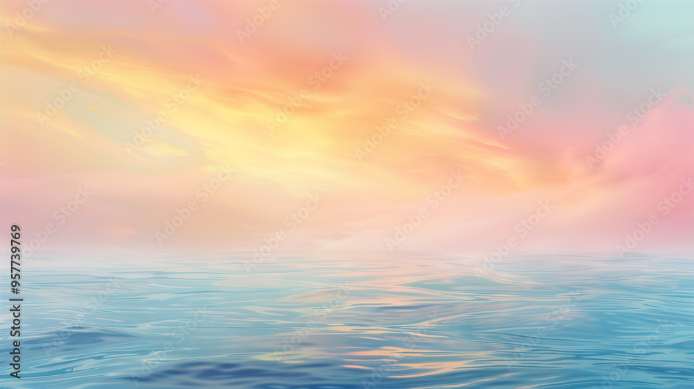 Naklejka premium Soft pastel ocean at sunset with colorful clouds and calm waters
